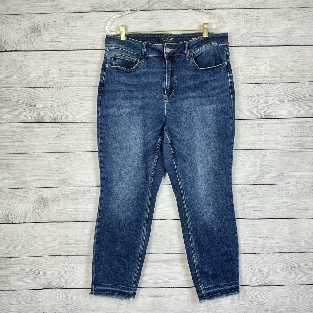 Judy Blue Slim Fit Jeans Cropped Raw‎ Hem Women's Size 14W Stretch Blue Denim